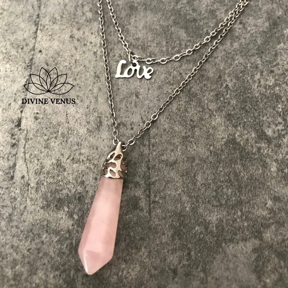 Rose Quartz Love Pendent Stainless Steel Necklace - Picture 6 of 8